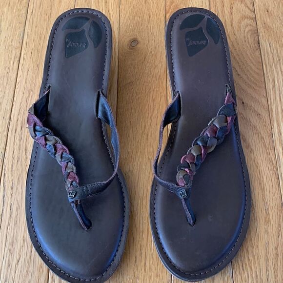 Reef Braided Brown Leather Sandals Flip Flops Wedge Size 10 - Picture 2 of 9